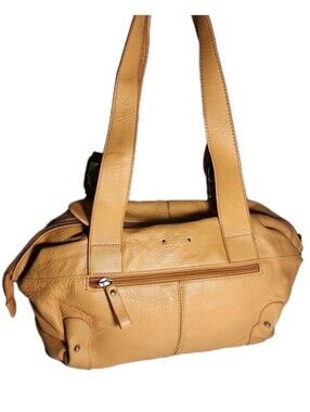 Stone Mountain Yellow Tan Leather Style Satchel Purse Bag Silky Pink Lining